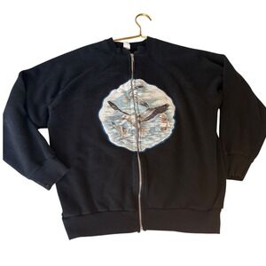 Vintage Eagle Embroidered Zip‎ Up Sweatshirt Nautical Theme Black